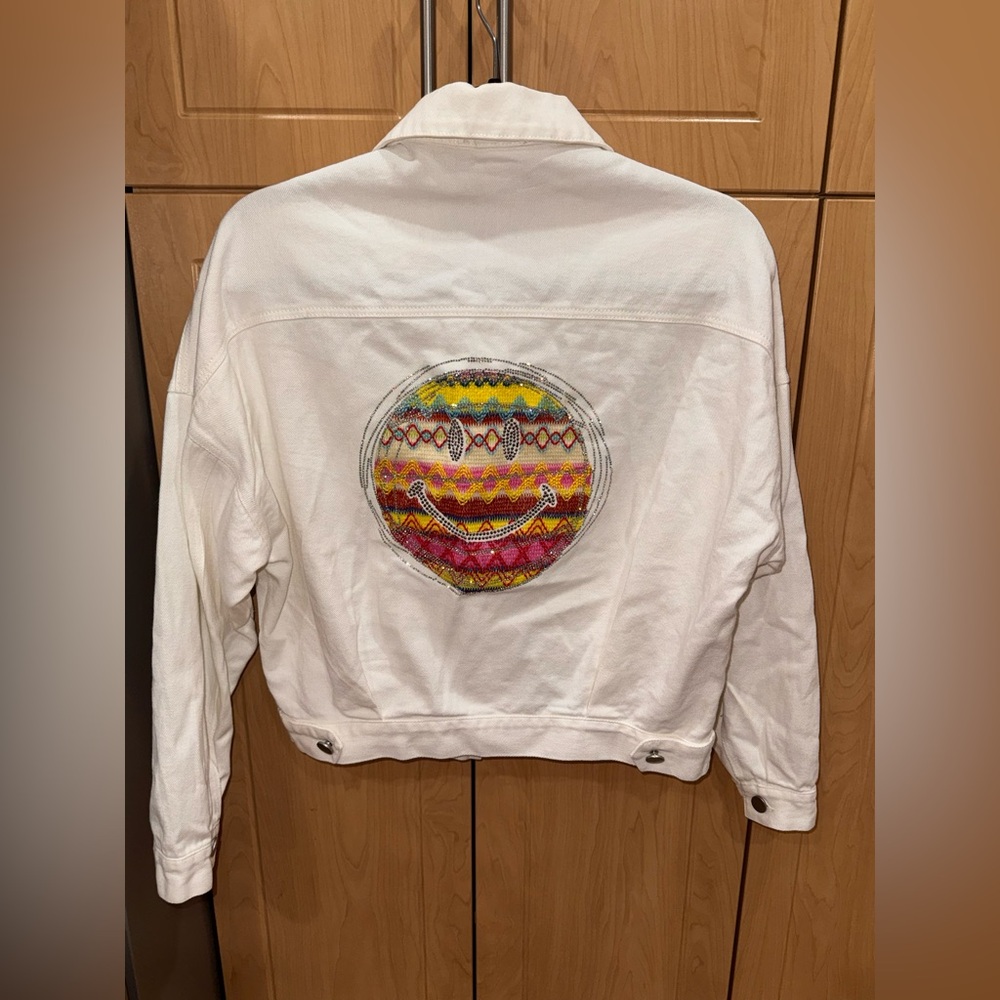 EUC White Denim Jean Jacket Smiley Face